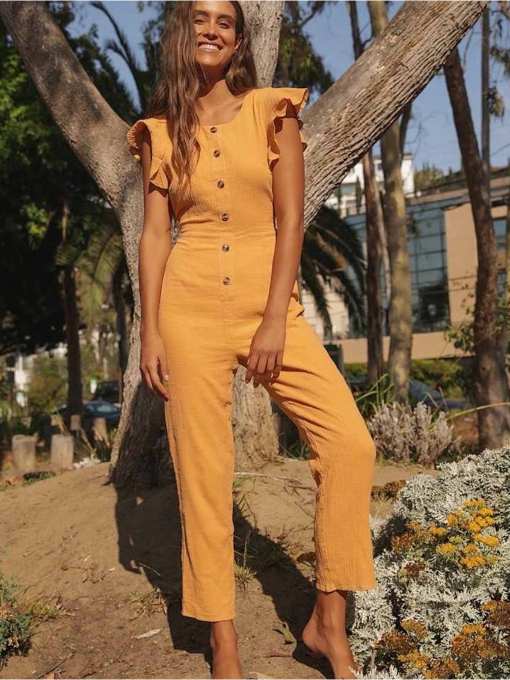 NWT Lulus Golden Yellow Cotton Button Front Flutter Sleeve Jumpsuit XS Fits S